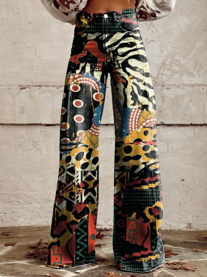 ÉLODIE | Wijde Broek met Elegant en Gedurfd Artistiek Motief