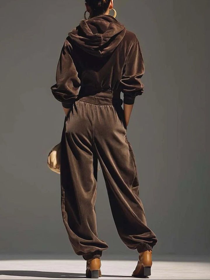 Vintage bruine fluwelen hoodie en losse broek set (Inclusief riem)