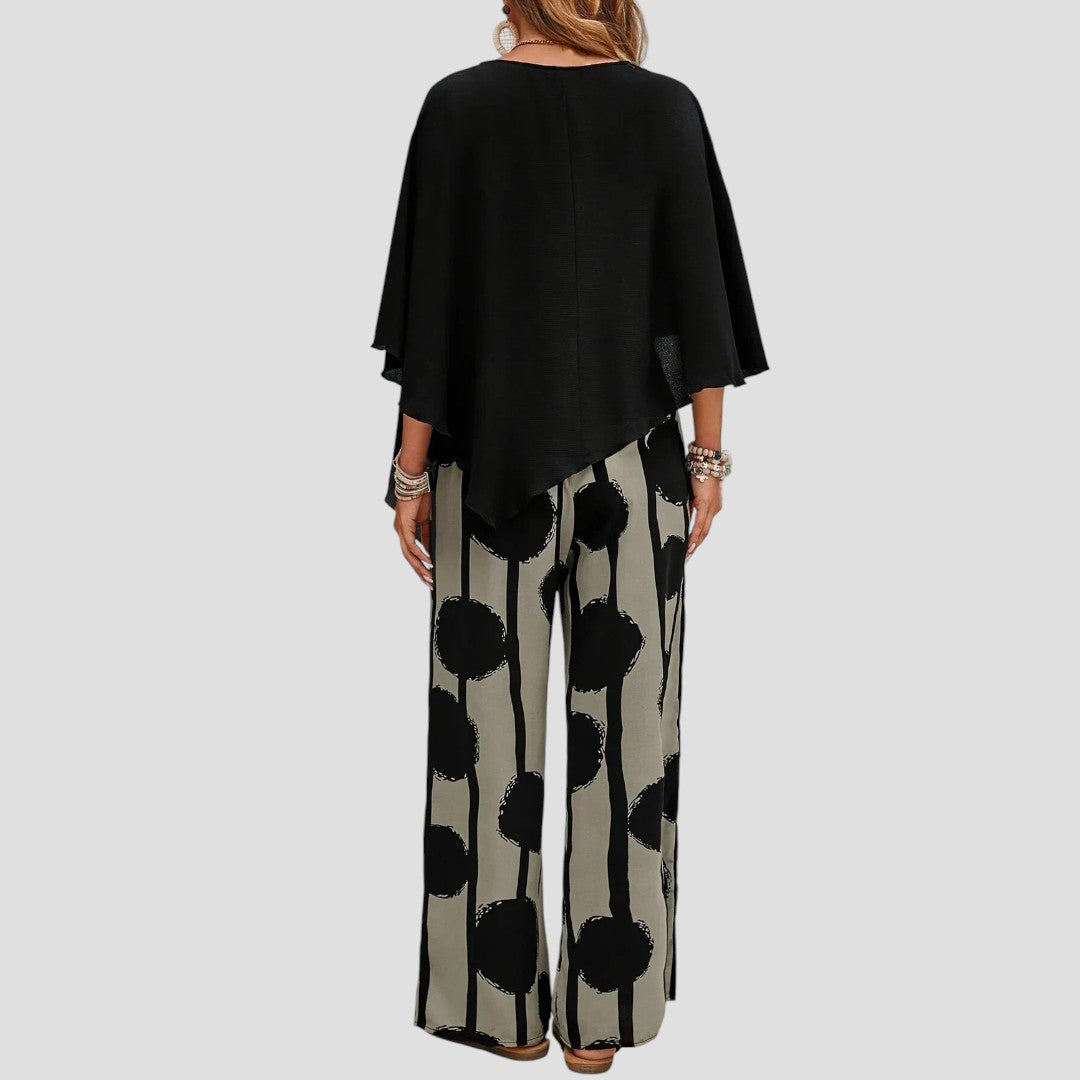 Milavie™- Modieuze damesoutfit met asymmetrische top en gedrukte broek