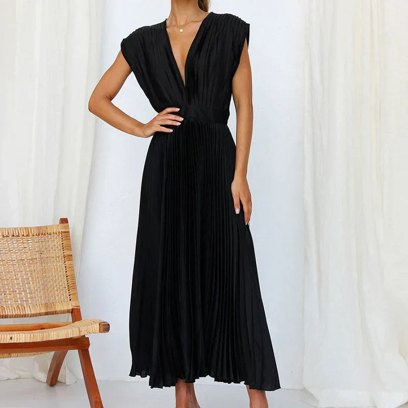 Adele - V-hals maxi jurk met plooien