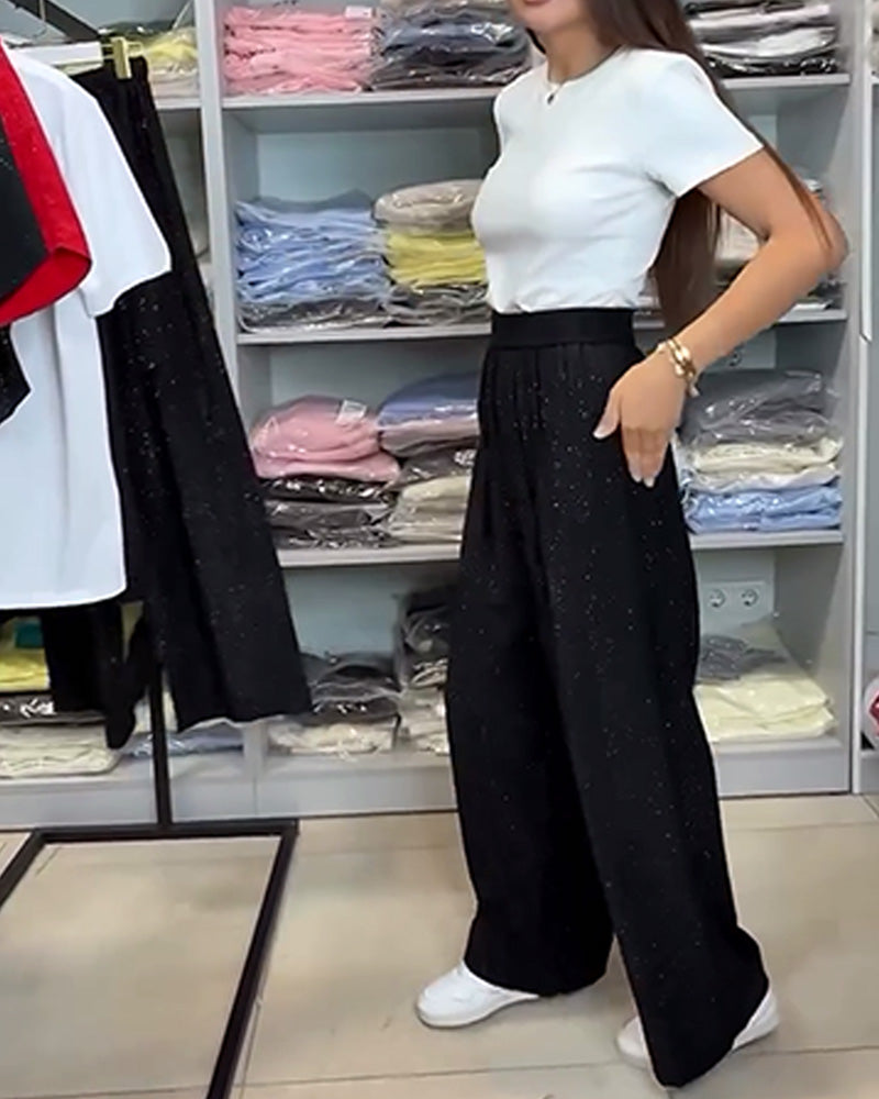 Hoge Taille Elegante Glanzende Wijde Pantalon
