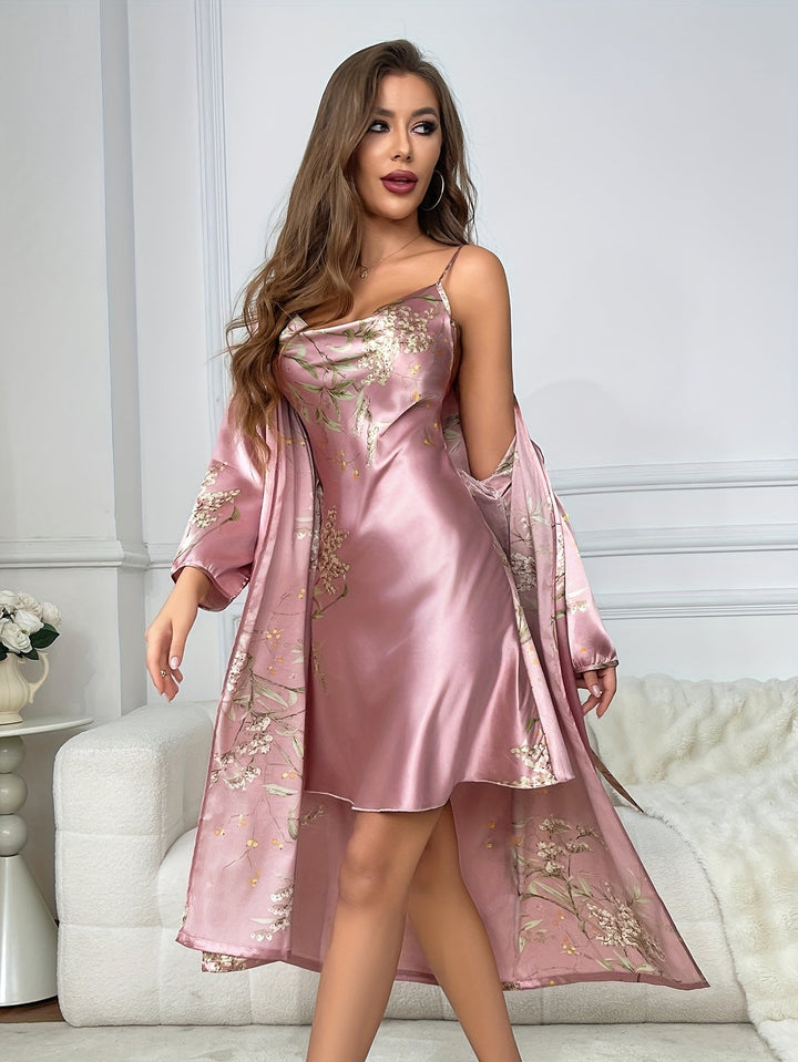 Rosalynn | 2-delig Floral Satijnen Camisole & Robe Set