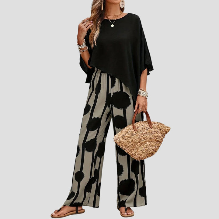 Milavie™- Modieuze damesoutfit met asymmetrische top en gedrukte broek