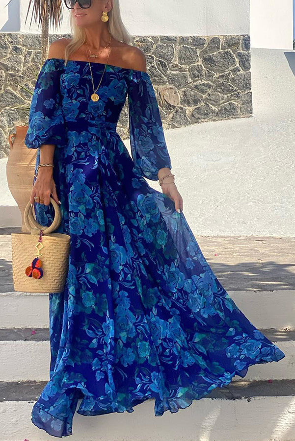 Francesca - Lange jurk met bloemenpatroon en off-the-shoulder mouwen