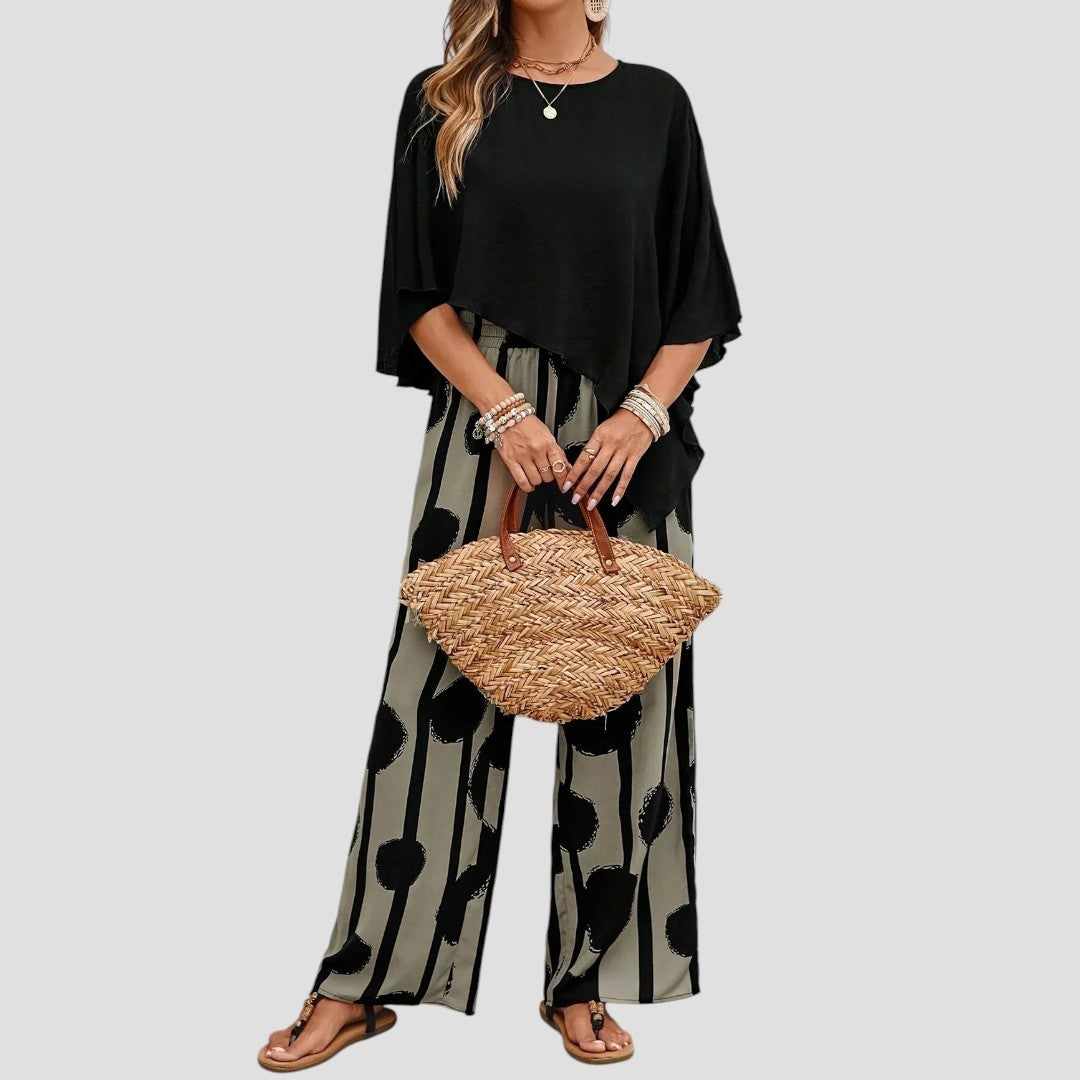 Milavie™- Modieuze damesoutfit met asymmetrische top en gedrukte broek