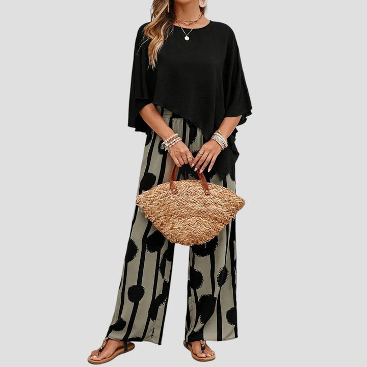 Milavie™- Modieuze damesoutfit met asymmetrische top en gedrukte broek