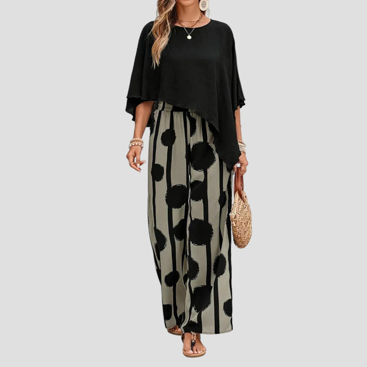 Milavie™- Modieuze damesoutfit met asymmetrische top en gedrukte broek
