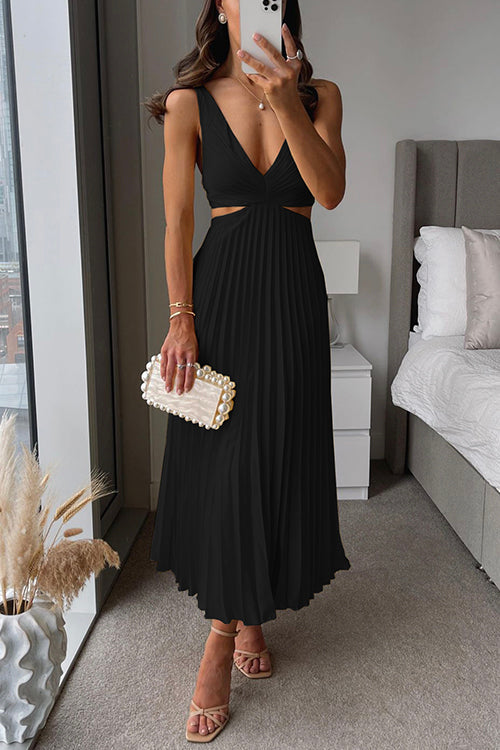 EVA™ | Cut Out Taille Mouwloze Plissé Maxi Jurk