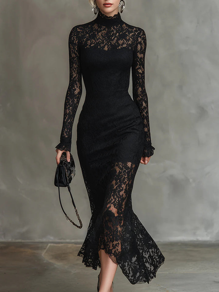 Elegante zwarte rekbare kant fishtail maxi jurk