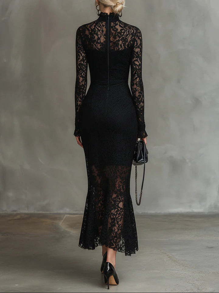 Elegante zwarte elastische kanten fishtail maxi jurk