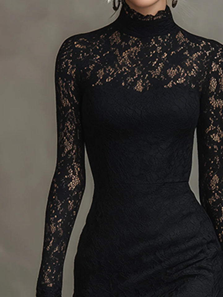 Elegante zwarte elastische kanten fishtail maxi jurk