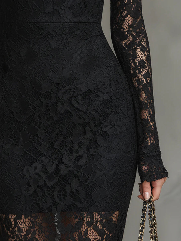 Elegante zwarte elastische kanten fishtail maxi jurk