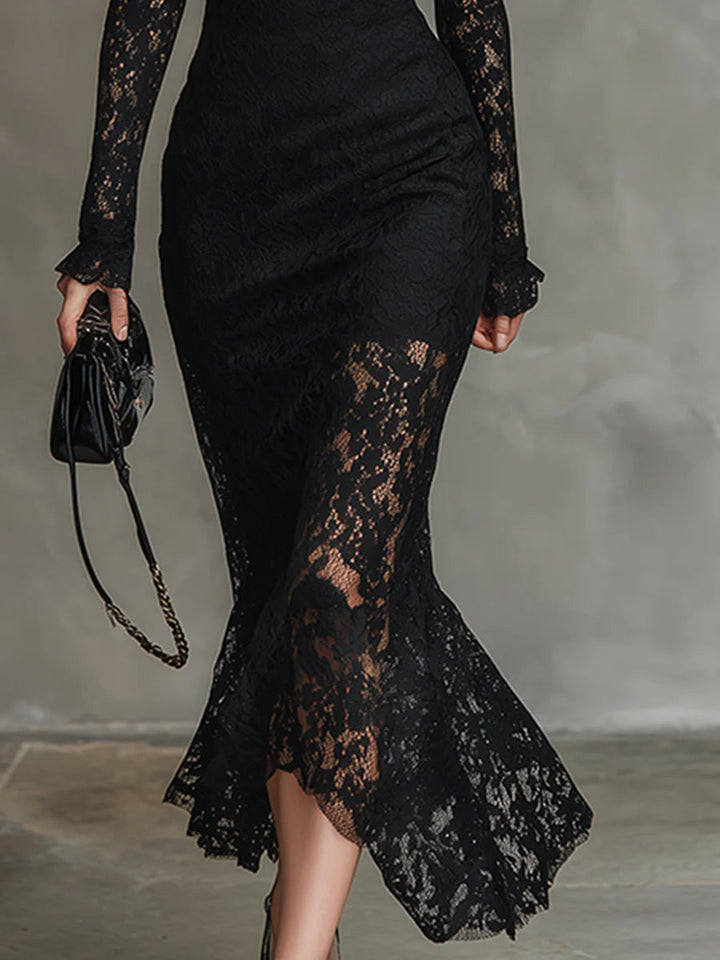 Elegante zwarte elastische kanten fishtail maxi jurk