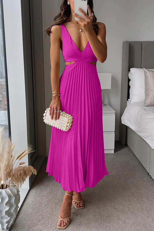 EVA™ | Cut Out Taille Mouwloze Plissé Maxi Jurk