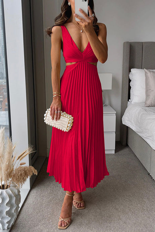 EVA™ | Cut Out Taille Mouwloze Plissé Maxi Jurk