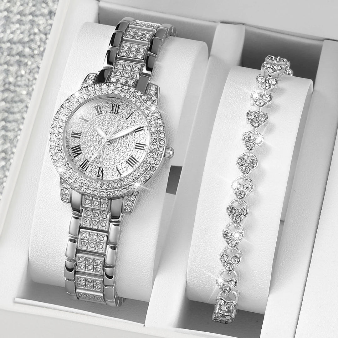 Elegant dames quartz horloge & armband set met luxe strass