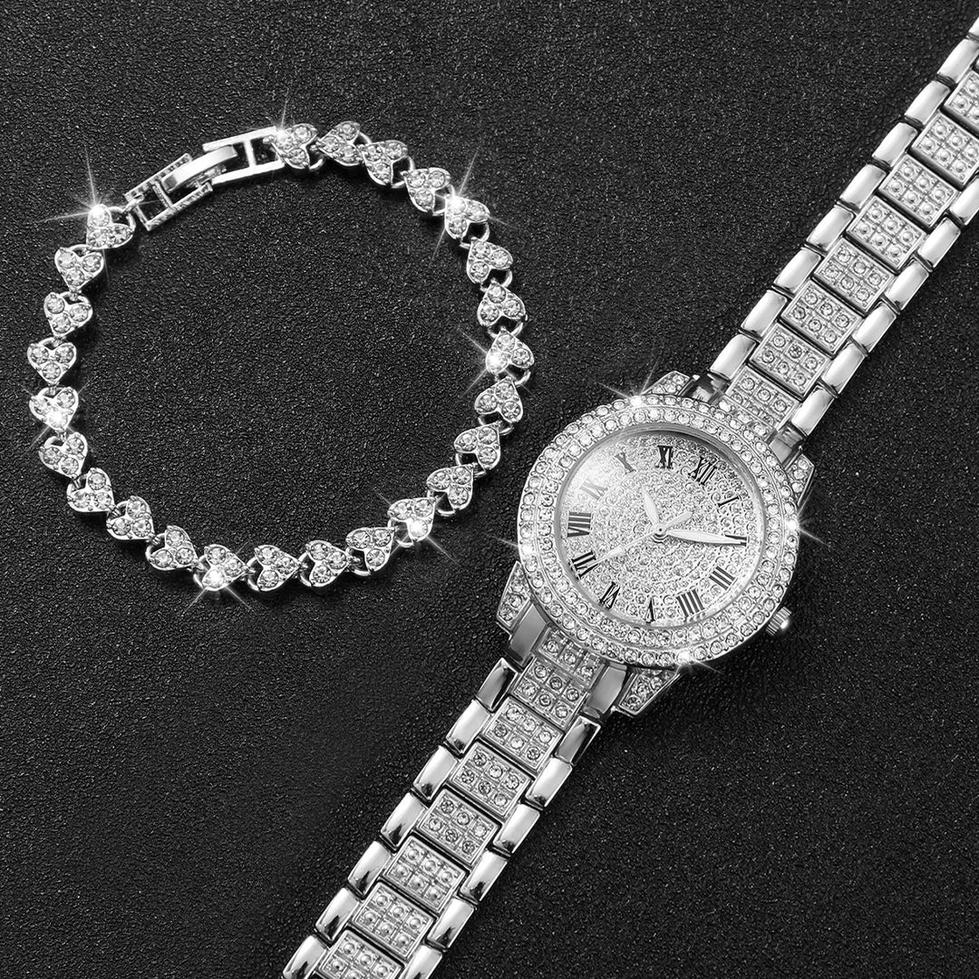 Elegant dames quartz horloge & armband set met luxe strass