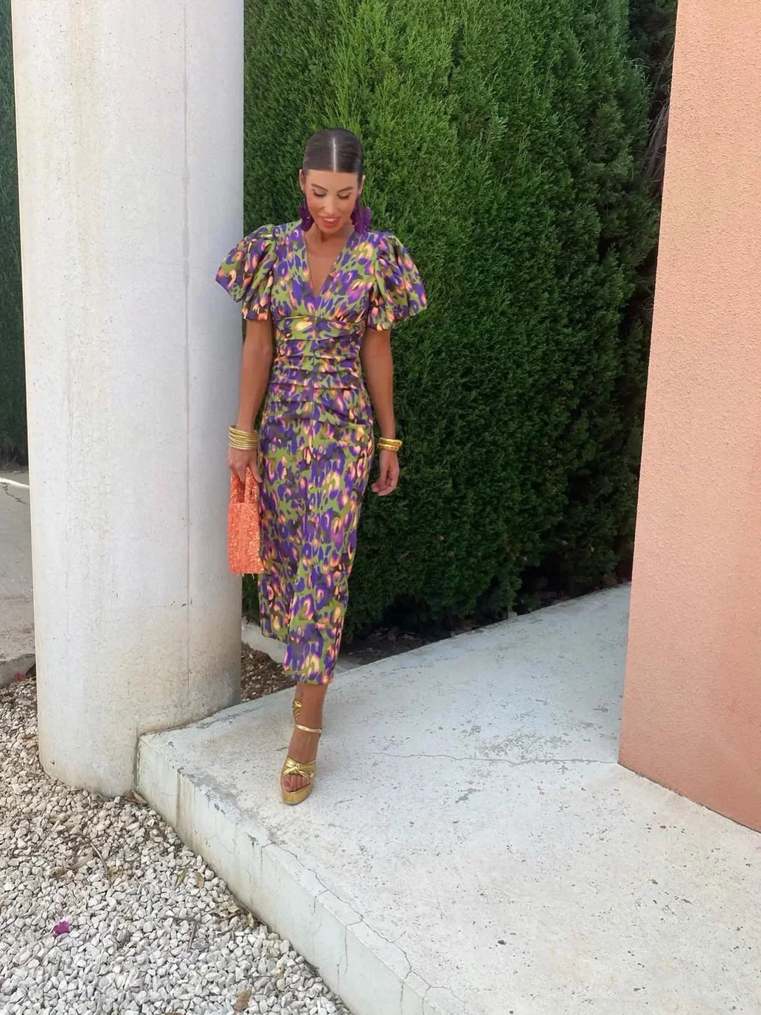 Loren - Vibrant Midi-jurk met Puff Mouwen