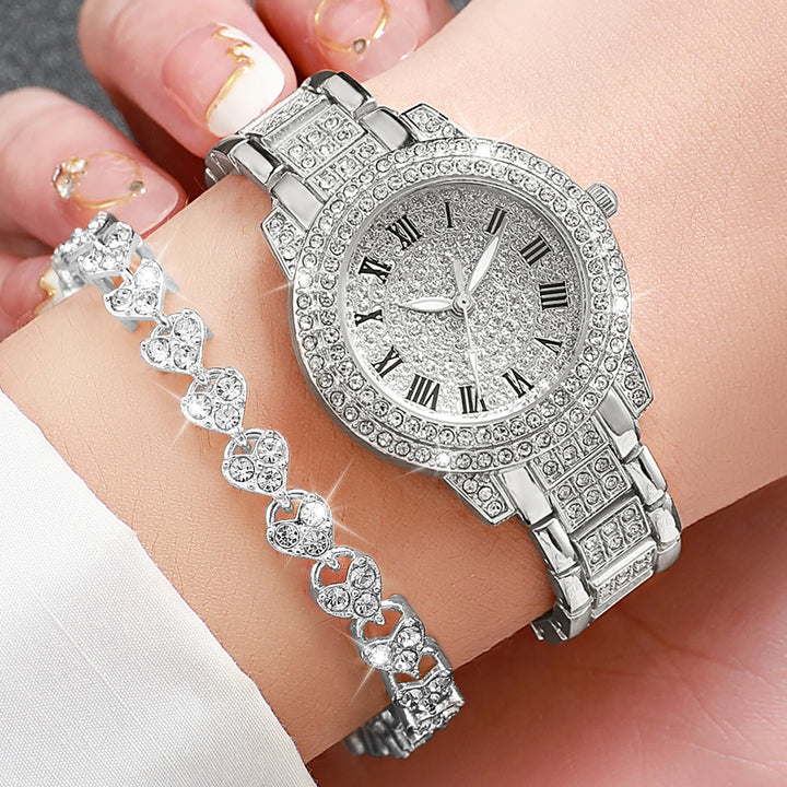 Elegant dames quartz horloge & armband set met luxe strass