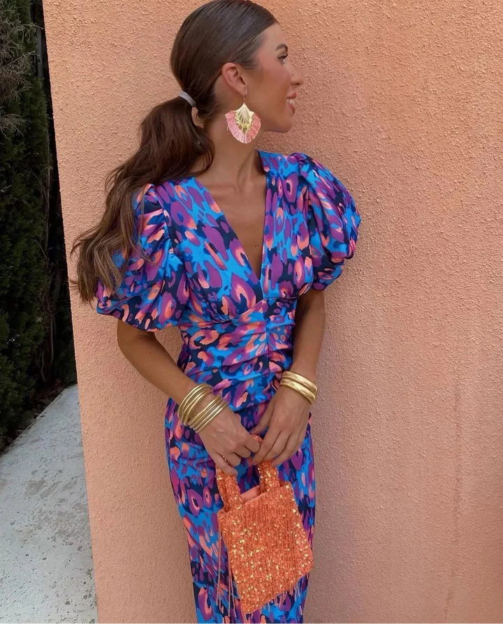 Loren - Vibrant Midi-jurk met Puff Mouwen