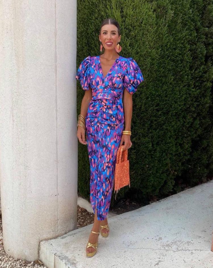 Loren - Vibrant Midi-jurk met Puff Mouwen