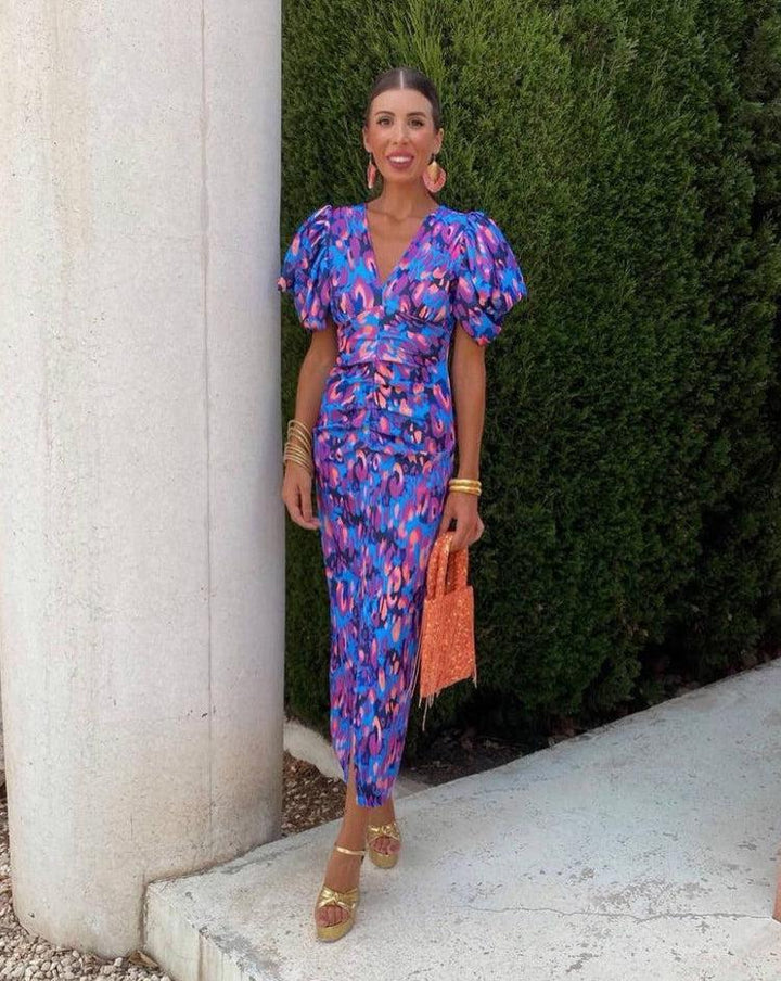 Loren - Vibrant Midi-jurk met Puff Mouwen