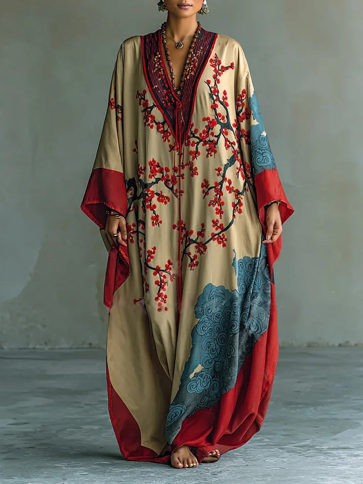 Japanse Rode Prunusblossom Maxi Jurk met Batwing Mouwen en Print
