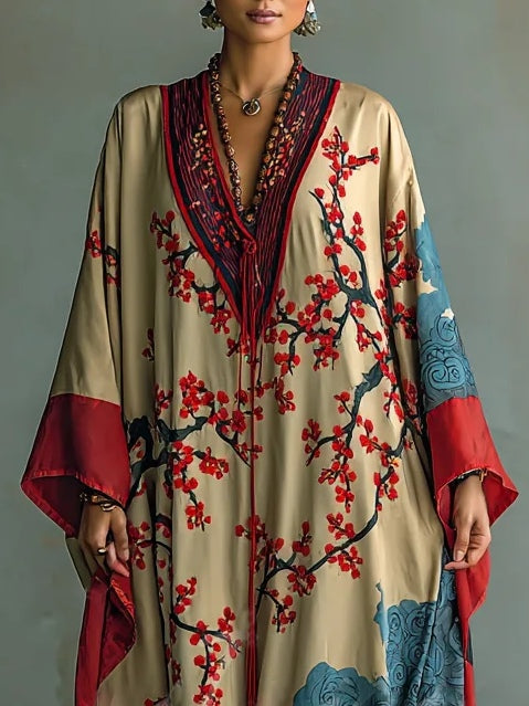 Japanse Rode Prunusblossom Maxi Jurk met Batwing Mouwen en Print