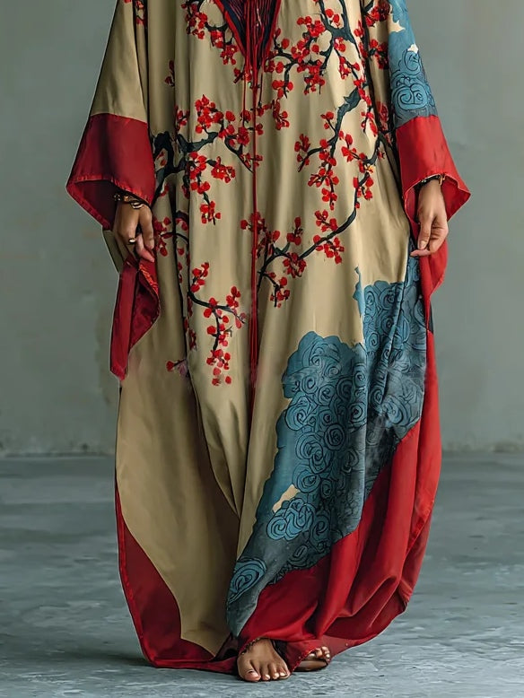Japanse Rode Prunusblossom Maxi Jurk met Batwing Mouwen en Print