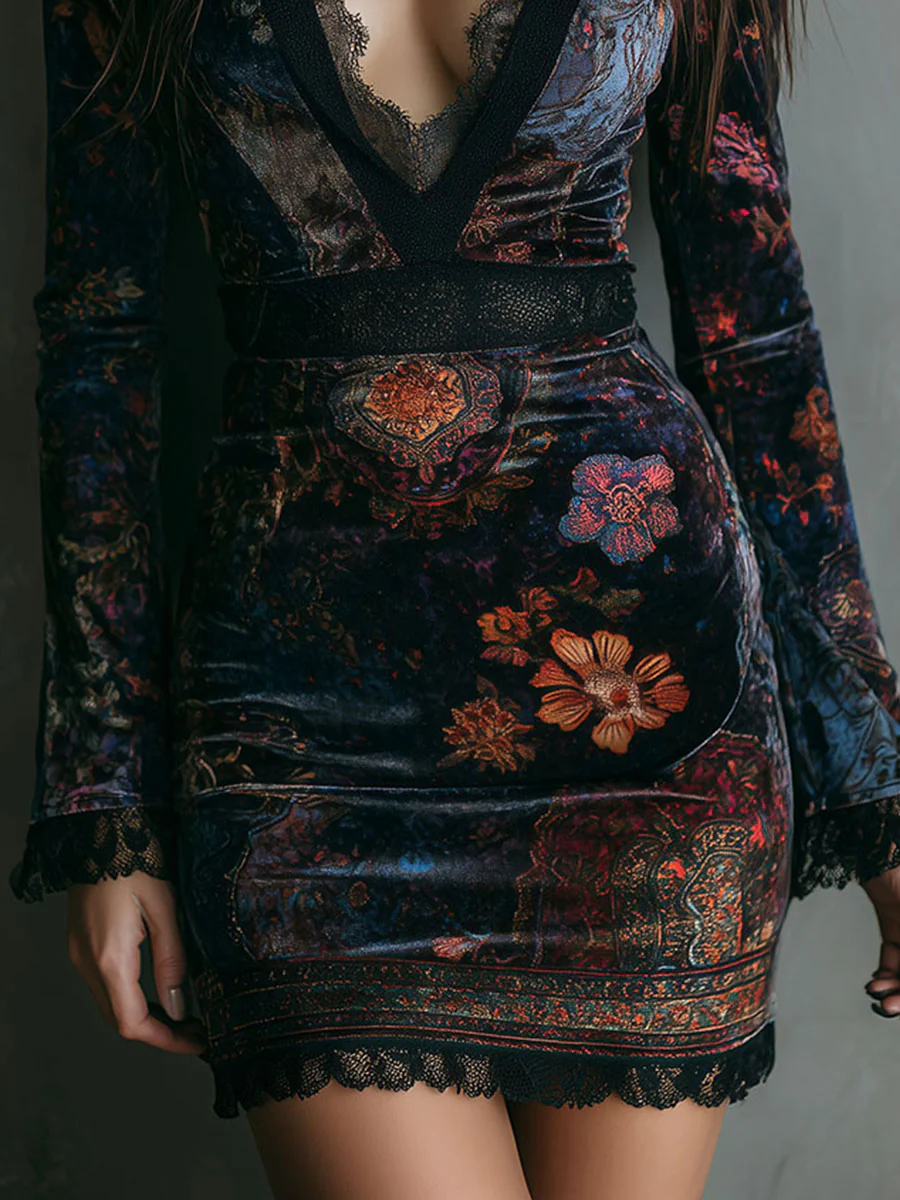 Bloemenprint V-Hals Fluwelen Mini Jurk met Kant