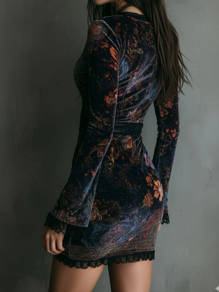 Bloemenprint V-Hals Fluwelen Mini Jurk met Kant