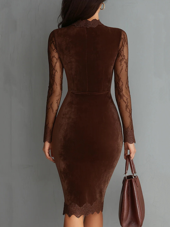 Bruine Vintage Sleutelgat Halslijn Kanten Mouw Fluwelen Mini Jurk
