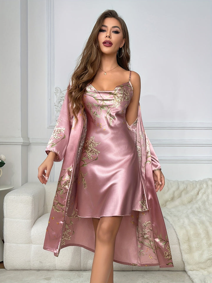 Rosalynn | 2-delig Floral Satijnen Camisole & Robe Set
