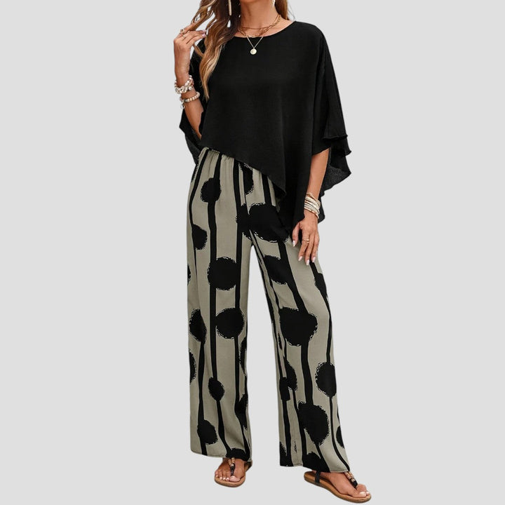 Milavie™- Modieuze damesoutfit met asymmetrische top en gedrukte broek