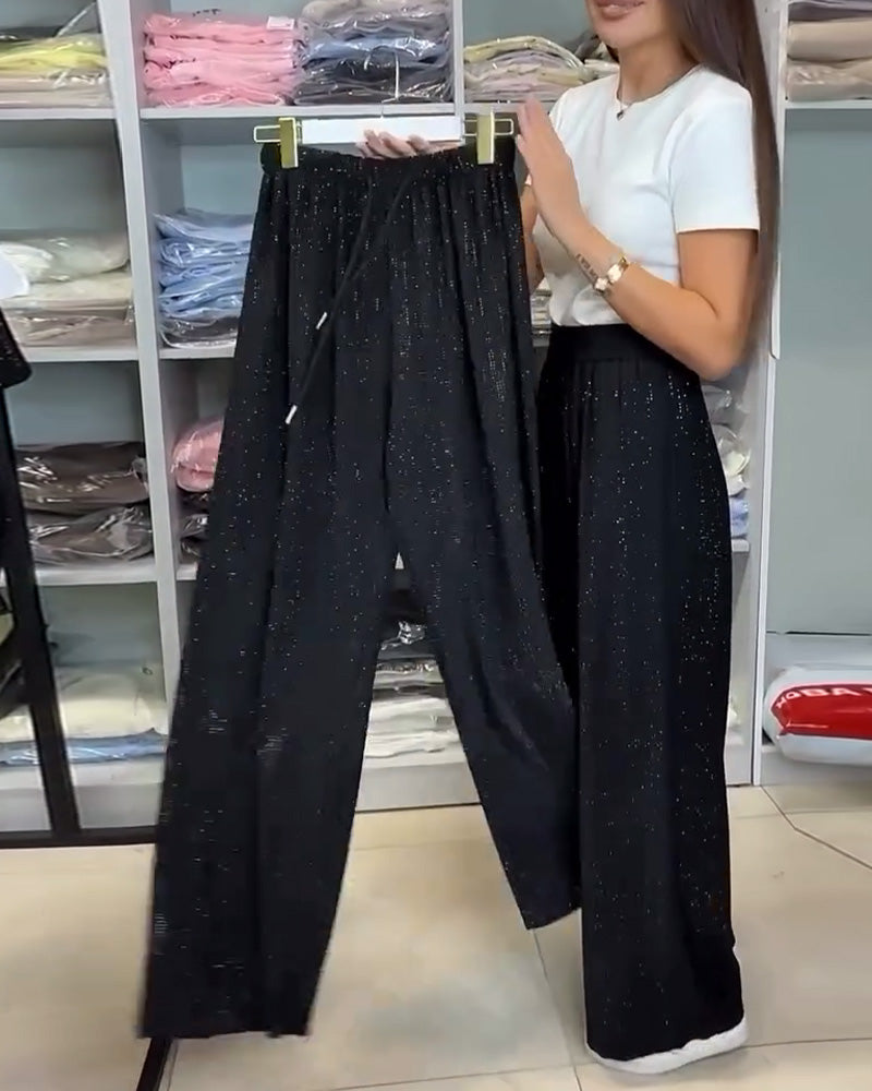 Hoge Taille Elegante Glanzende Wijde Pantalon