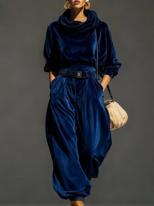 Vintage bruine fluwelen hoodie en losse broek set (Inclusief riem)