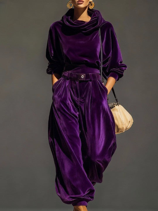 Vintage bruine fluwelen hoodie en losse broek set (Inclusief riem)
